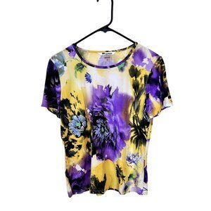 Nygard Collection Womens Top Floral Print Short Sleeve Purple Yellow Medium